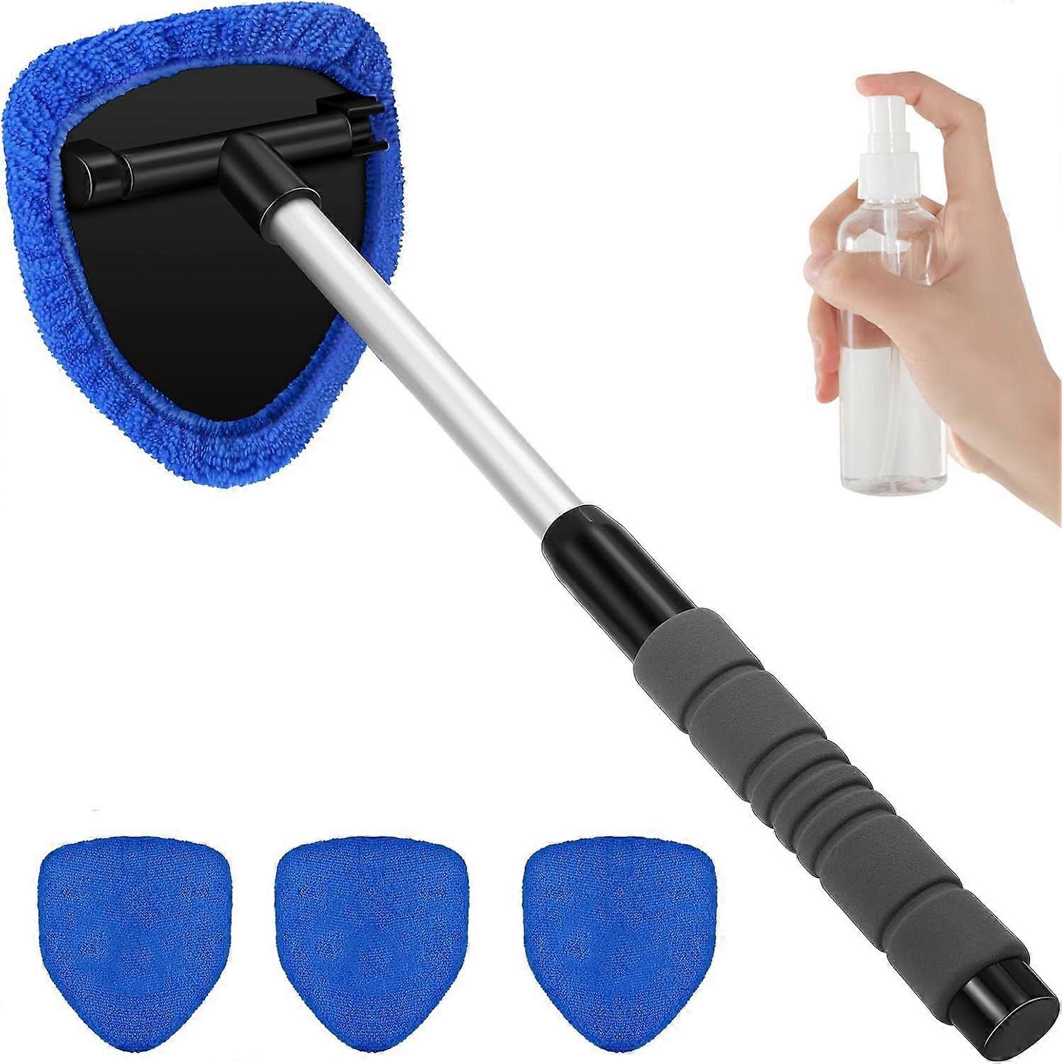 Windshield Cleaning Tool, Car Interior Cleaning Kit with Retractable Handle and 4 Reusable Microfiber Pads, Blue