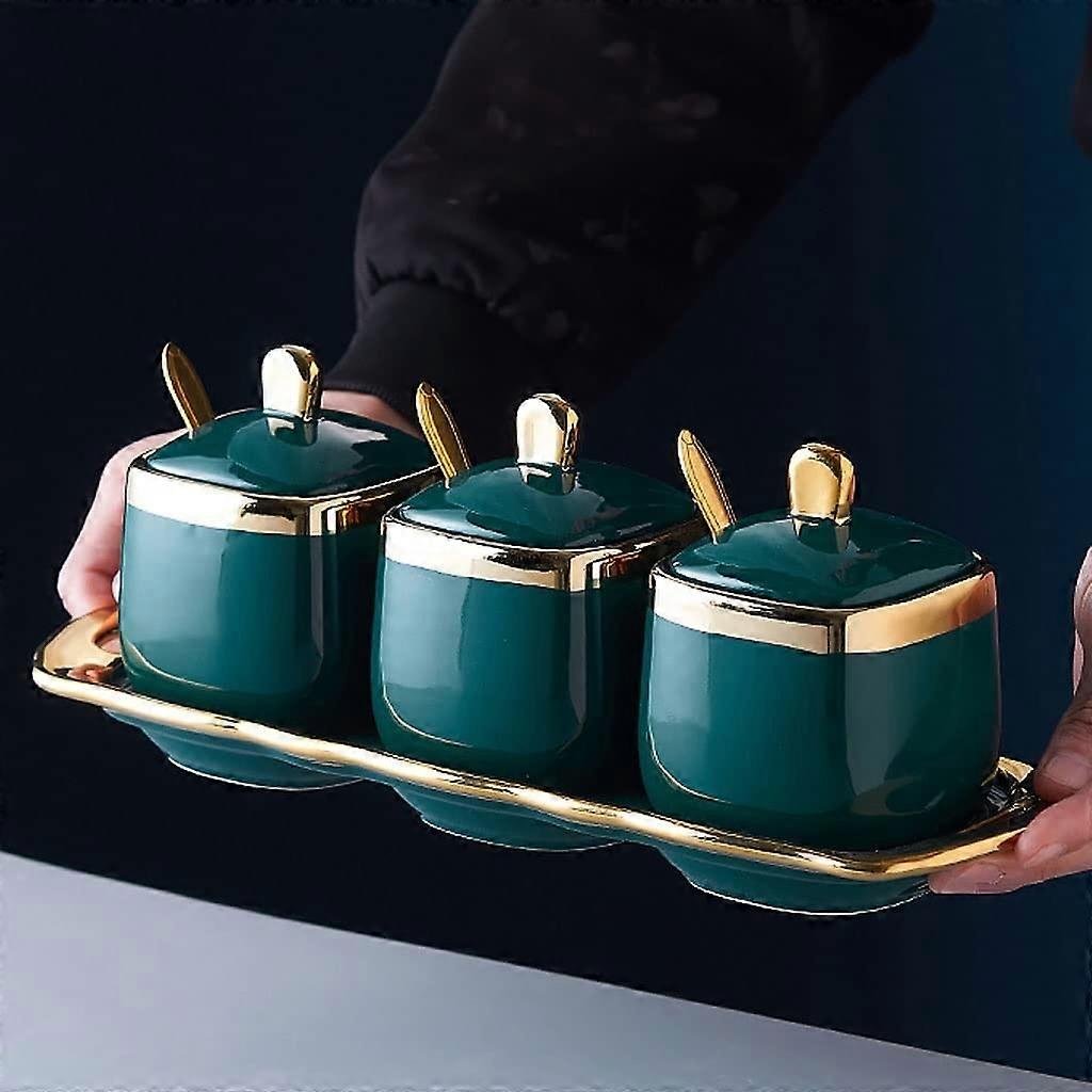 Ceramic Spice Jars Set with Lids and Spoons for Sugar Salt Seasoning Storage 3 Pieces