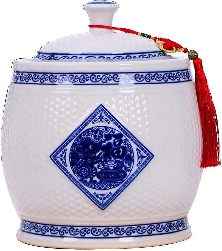 Rice Storage Container Handmade Ceramic Rice Jar Sealed Lid Retro Large Capacity Size B Blue With Tassels