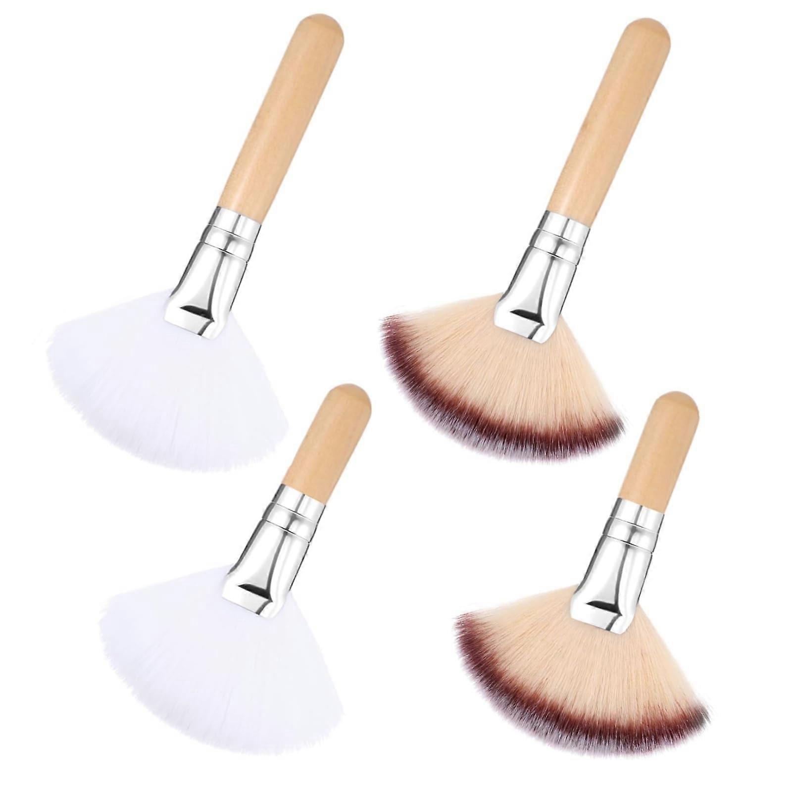 4pcs Fluffy Facial Fan Brushes Soft Bristle Highlighter and Blush Makeup Tools with Long Short Handles