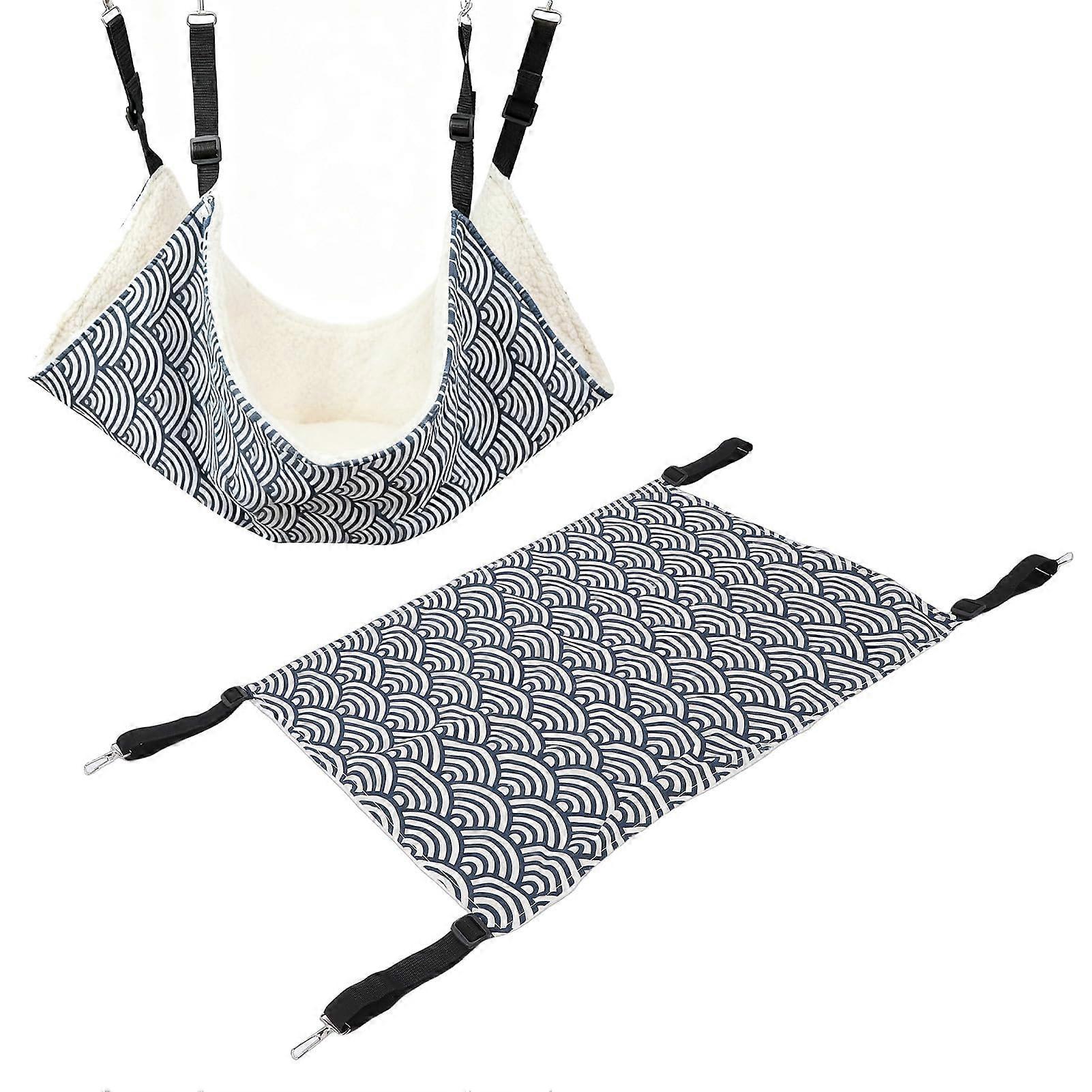 Cat Cage Hammock Reversible Linen Faux Fleece Hanging Cat Bed with Adjustable Straps Blue L