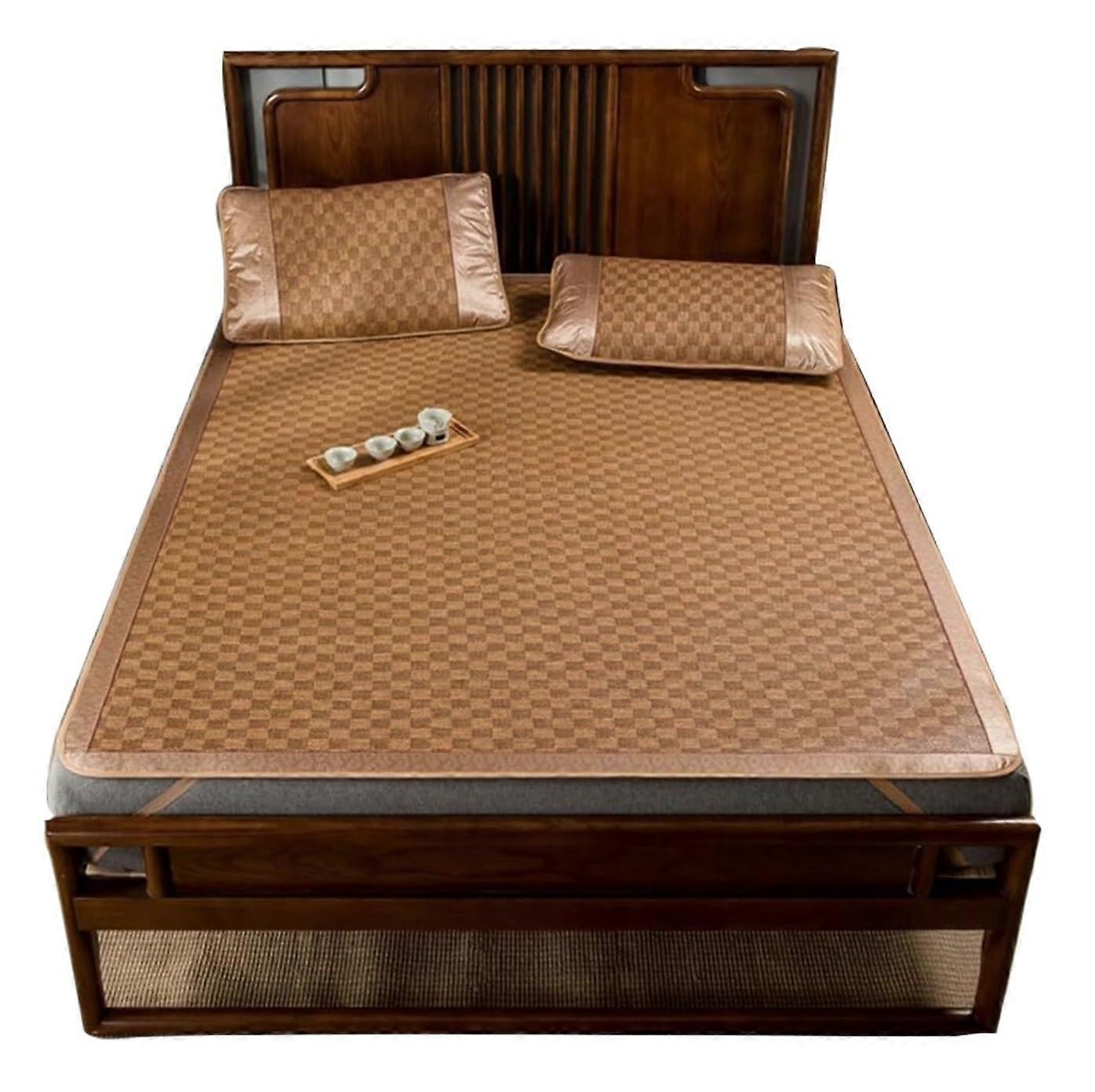 Cooling Pad Rattan Sleeping Mat with Pillow, Foldable Breathable Summer Bed Mat 1.5x2M Brown