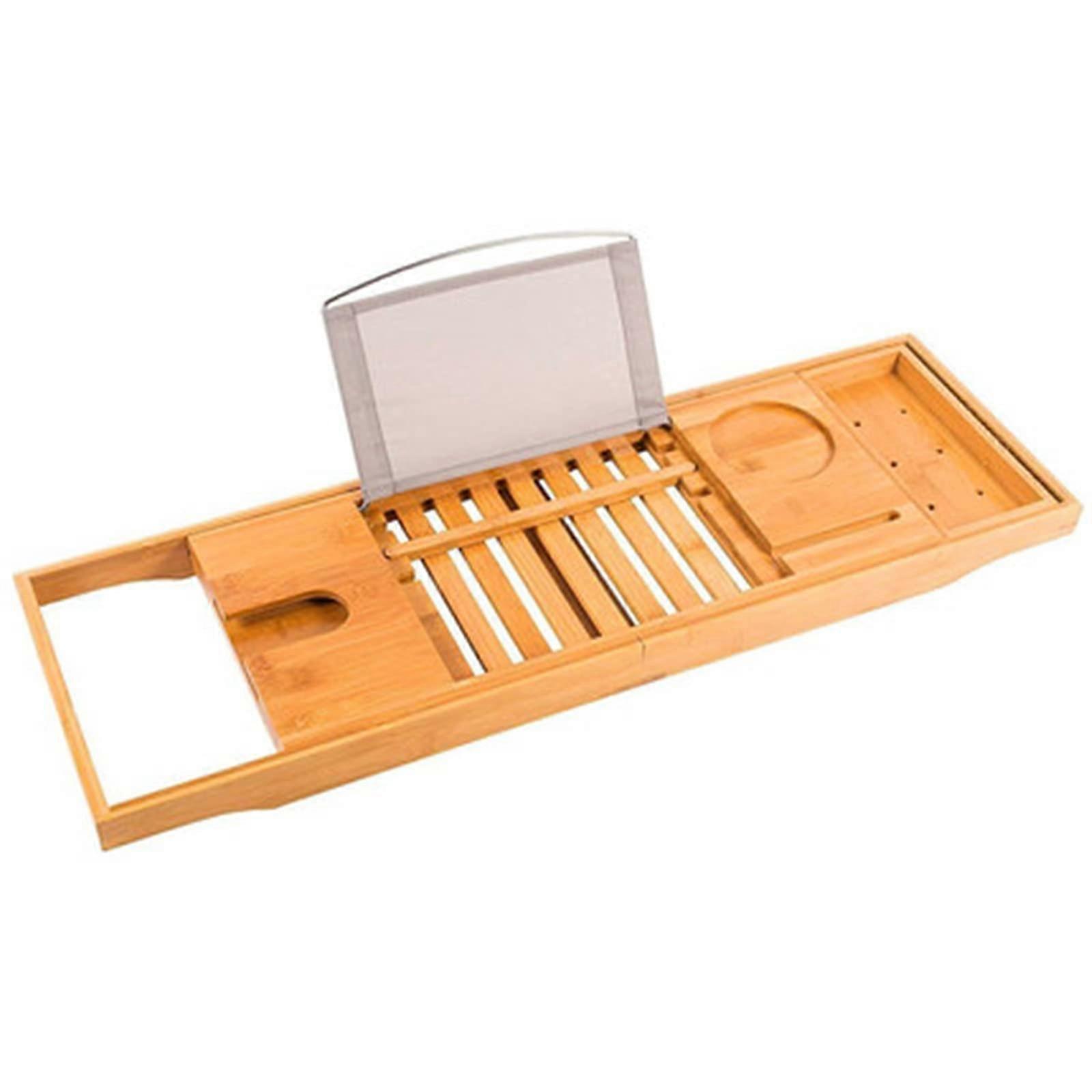 Adjustable Wooden Bathtub Caddy Tray with Wine Glass Holder and Expandable Shelf for Book and Tablet