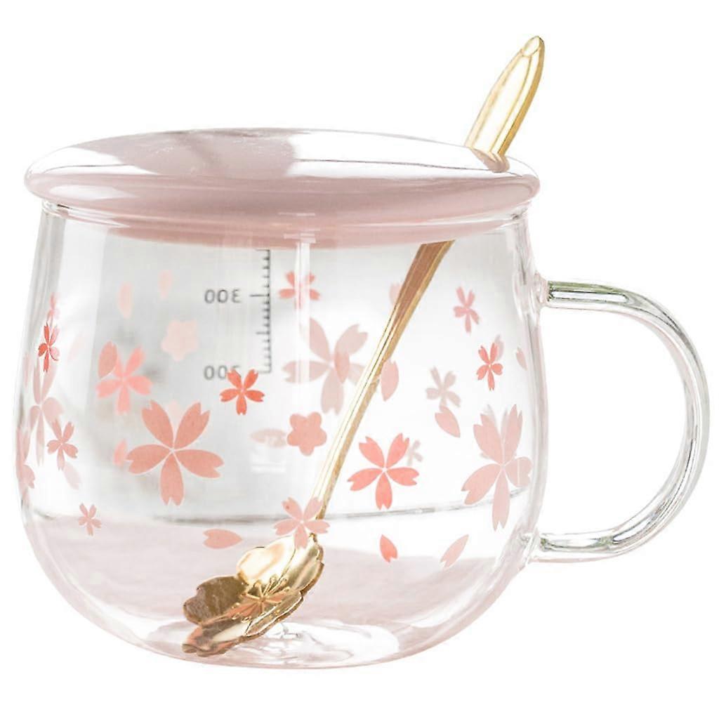 Sakura Glass Cup with Lid and Spoon, Heat Resistant Borosilicate Coffee Mug with Scale 14.1oz