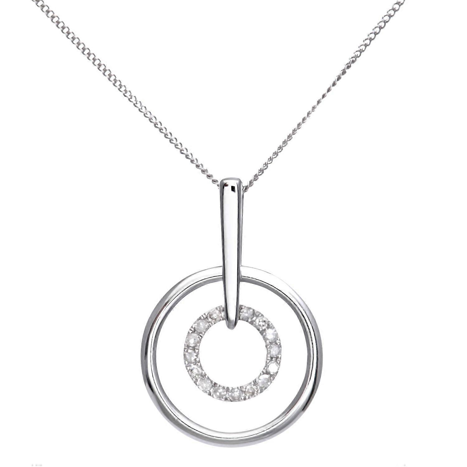Jewelco London 9ct White Gold Round 5pts Diamond Circle Pendant Necklace 16 inch 42cm