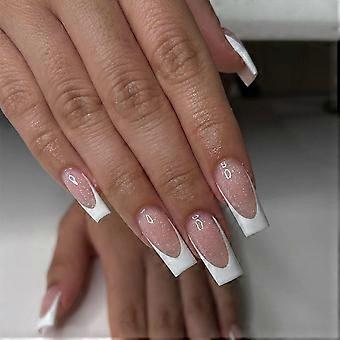 Long Square French Tip Press On Nails Nude Pink Glitter Glossy Full Cover Acrylic Set 24Pcs