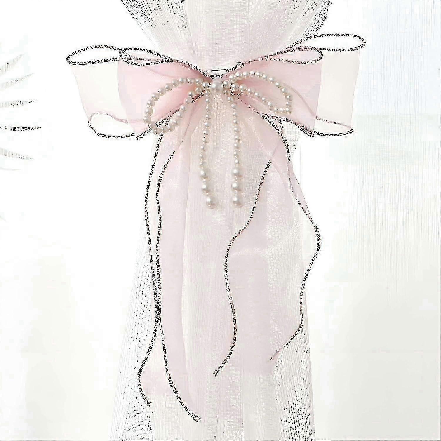 2Pcs Pearl Bowknot Curtain Tiebacks 86cm Home Decor Pink