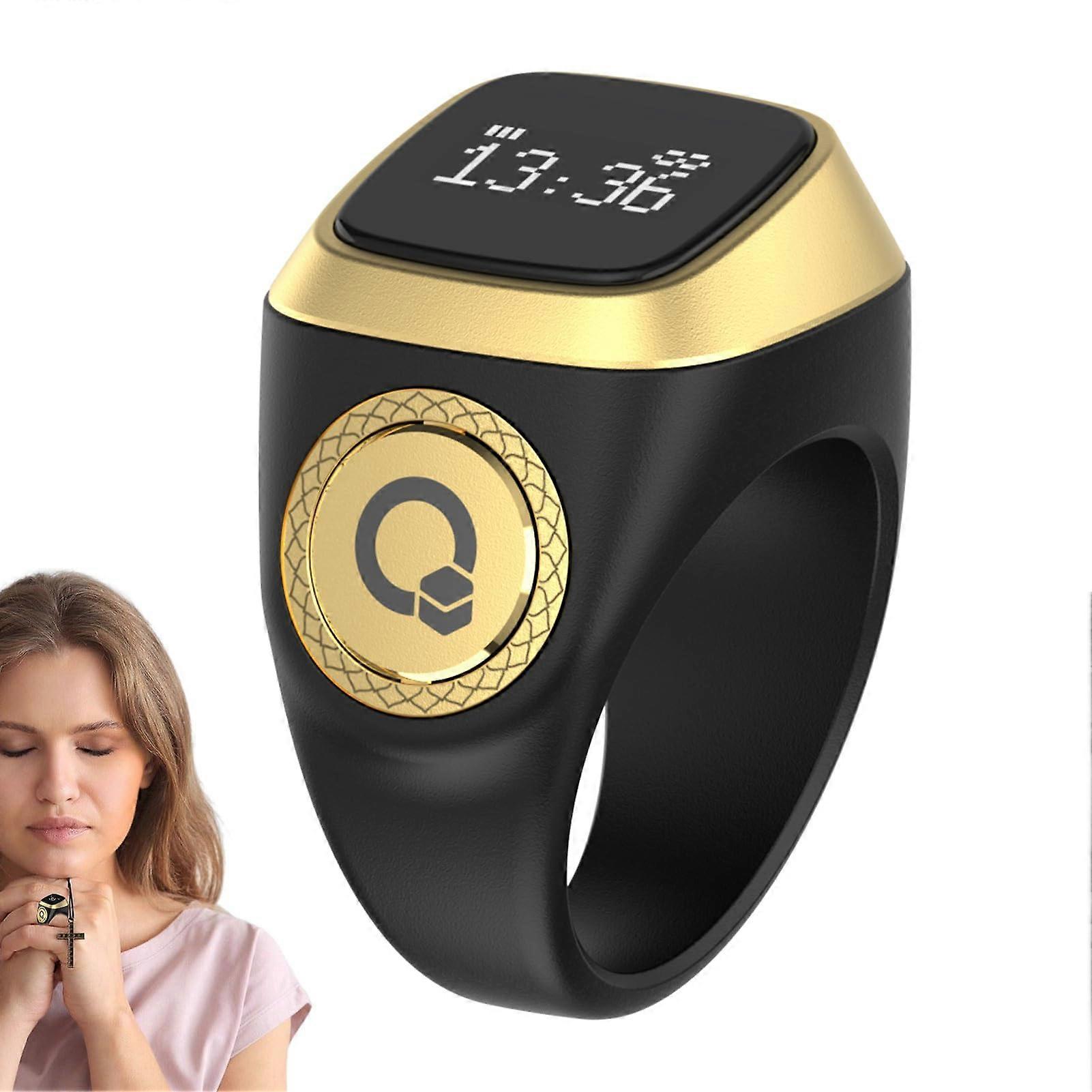 Digital Tasbih Counter Smart Prayer Ring with OLED Display, Rechargeable, Time Reminder, Black 22mm