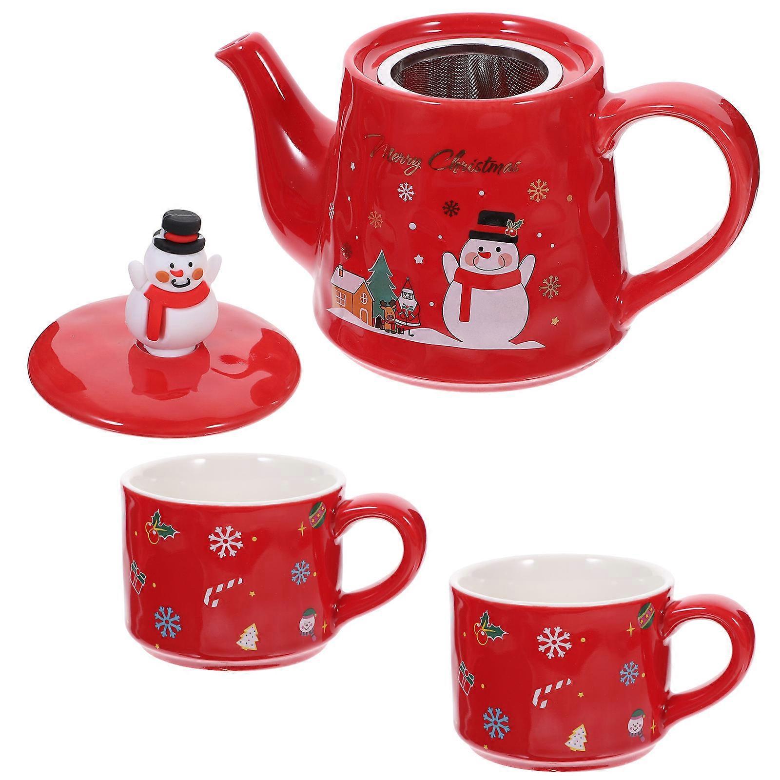 Christmas Ceramic Teaware Set for Storage 2Sets Red Ceramic Teapot