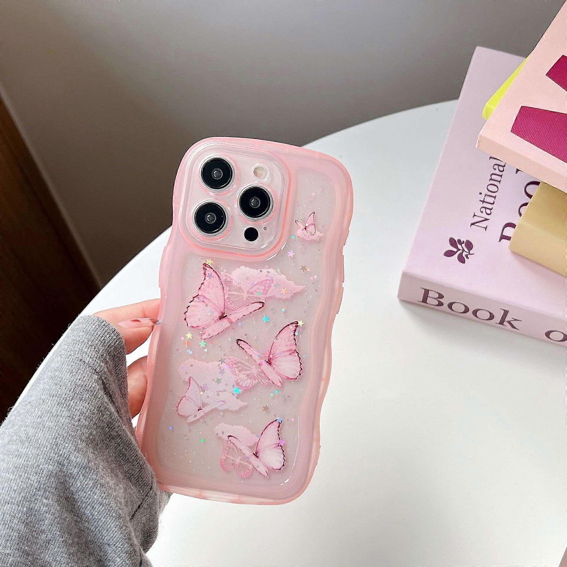 Case for iPhone 15 Pro Wave Texture Glitter Clear Pink