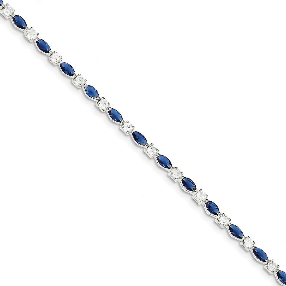 925 Sterling Silver Solid Polished Box Catch Closure Blue Cubic Zirconia Bracelet 7.25 Inch-Box Clasp Link-Bracelet for