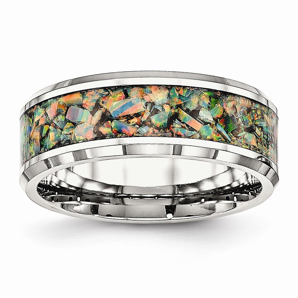 Stainless Steel Beveled Edge Polished With Simulated Opal 8mm Mens Ring-Ring for Men - Ring Size: 7 to 13