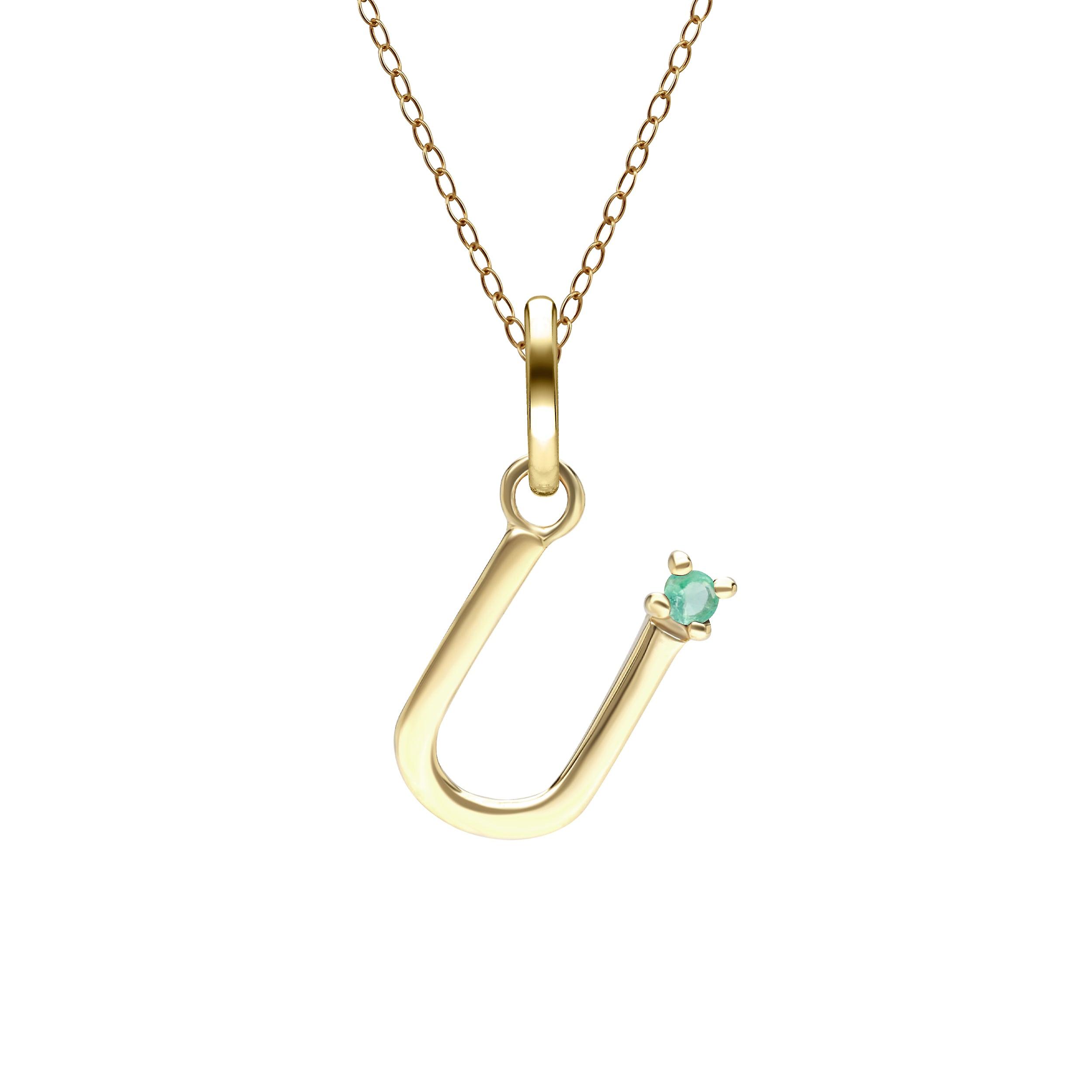 Initial U Emerald Letter Necklace in 9ct Yellow Gold