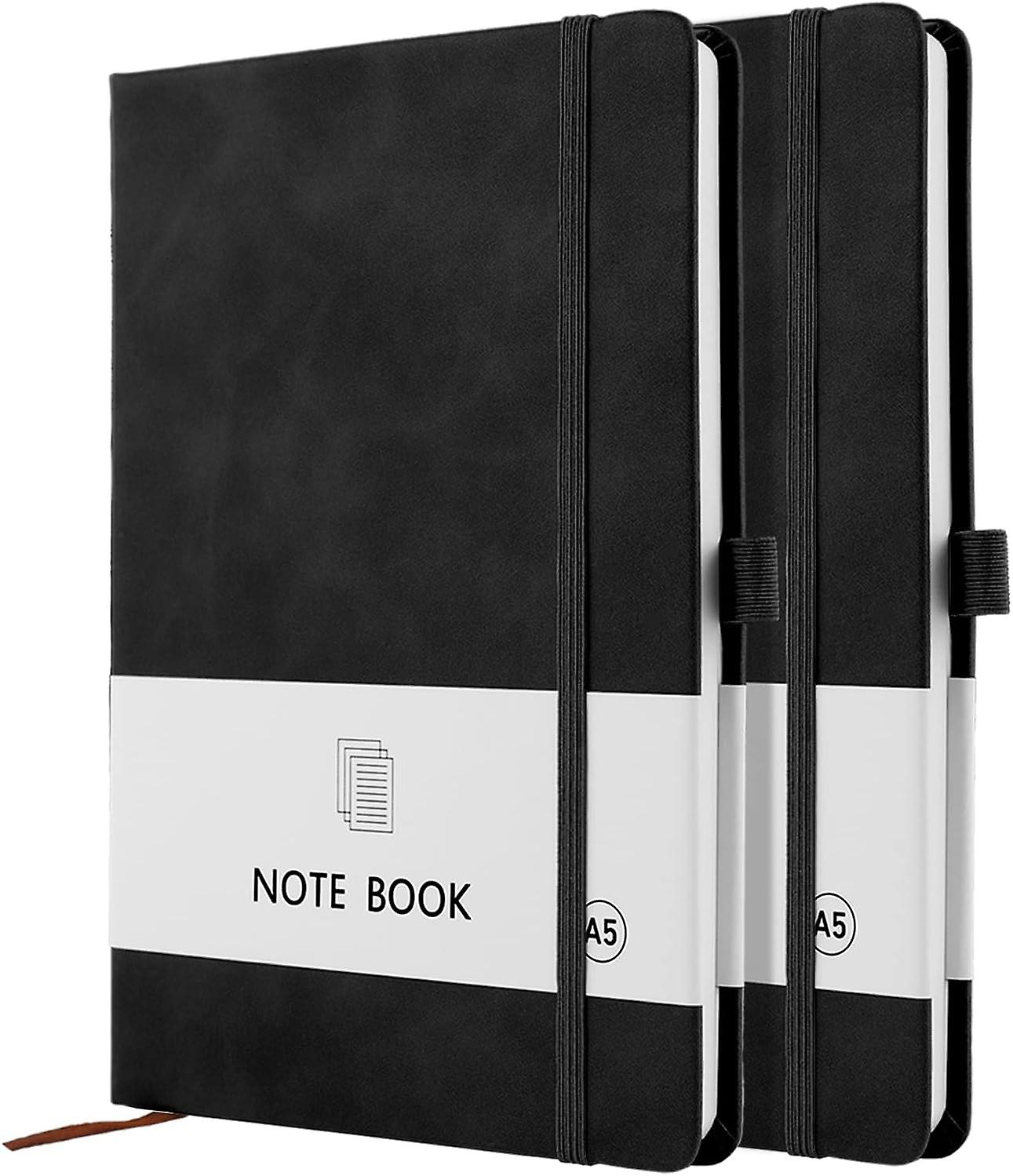 A5 Notebook, 2 Pack Notebook A5 200 Pages 100 GSM Journal Notebook Hardback Notepad with Bookmark, Pen Loop, and Elastic Closure (Black+Black)