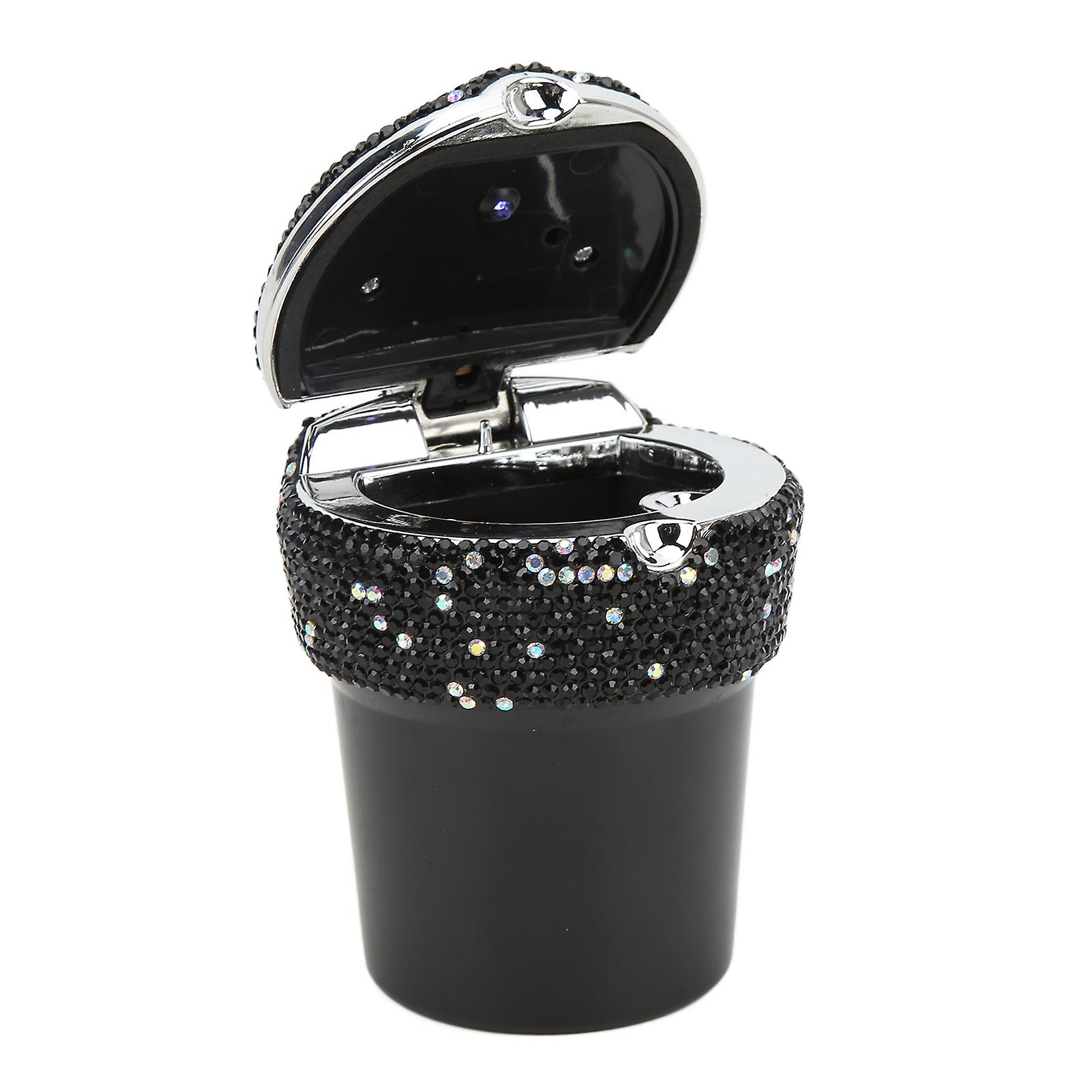 Car Ashtray DiamondStudded Smokeless Container with LED Light Indicator Multifunctional Universal(Black ) Shiny Ash Cup