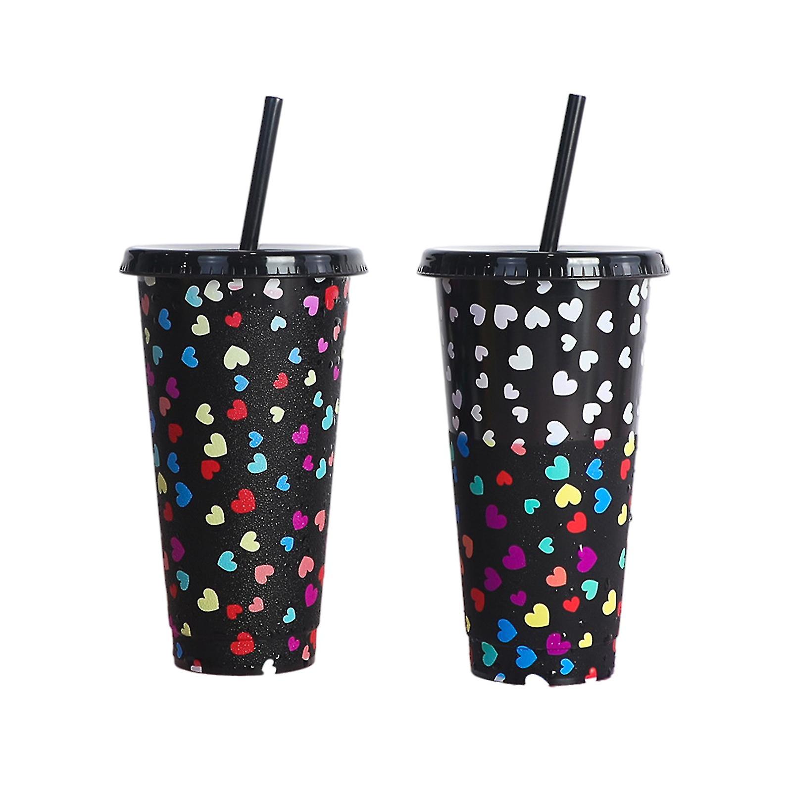 Color Changing Tumbler With Lids And Straw Reusable For Cold Drink Heart Shape Pattern For Adults &