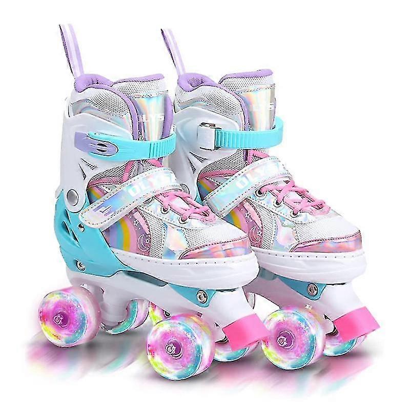 Jianghuo Roller Skates Kids Roller Boots,8 Light Up Wheels And 4 Sizes Adjustable,Quad Skates With Storage Bag,Double-Row Roller Skates,Pink