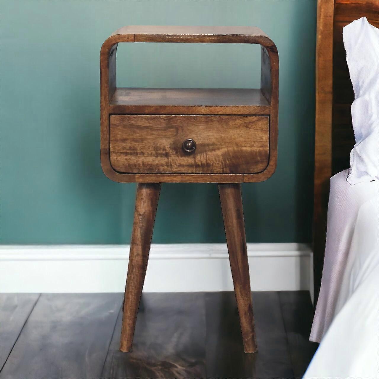 Small Curved Bedside Table With Drawer In Grey Washed