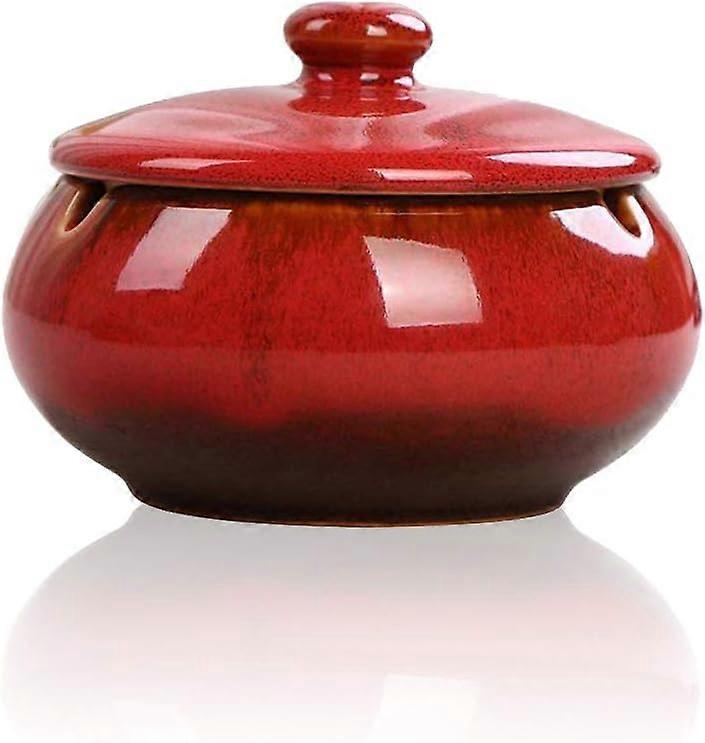 Ceramic Ashtray with Lids,Windproof,Cigarette Ashtray for Indoor or Outdoor Use,Ash Holder for Smokers- Red