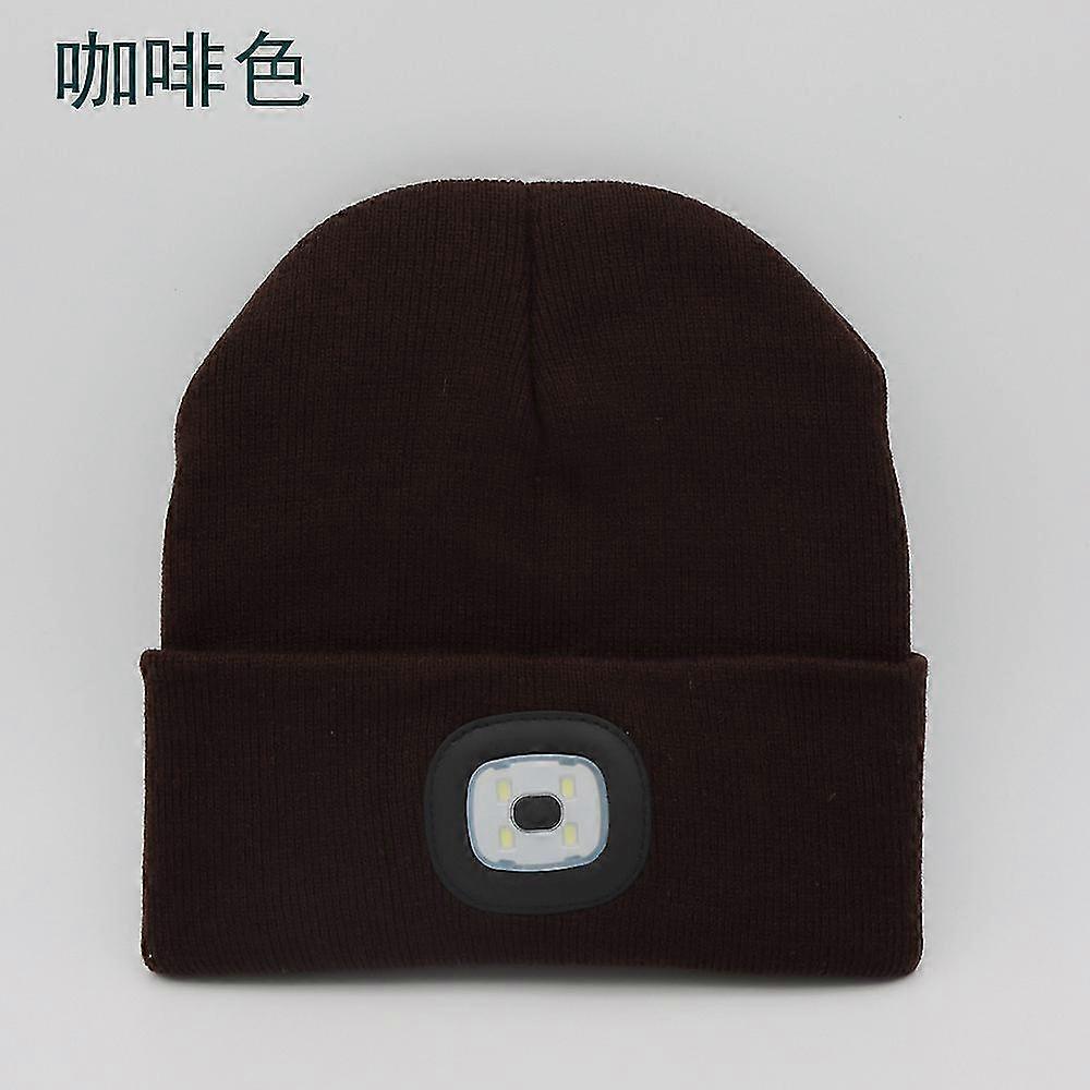 Button Battery Knitted Hat With Led Light-coffee