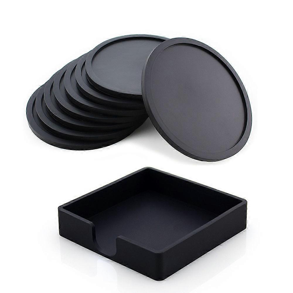 Silicone Drink Coasters Set of 8 - Non-Slip Round Soft Coaster Rubber Cup Pad Mat - Tabletop Protection Easy to Clean - Black