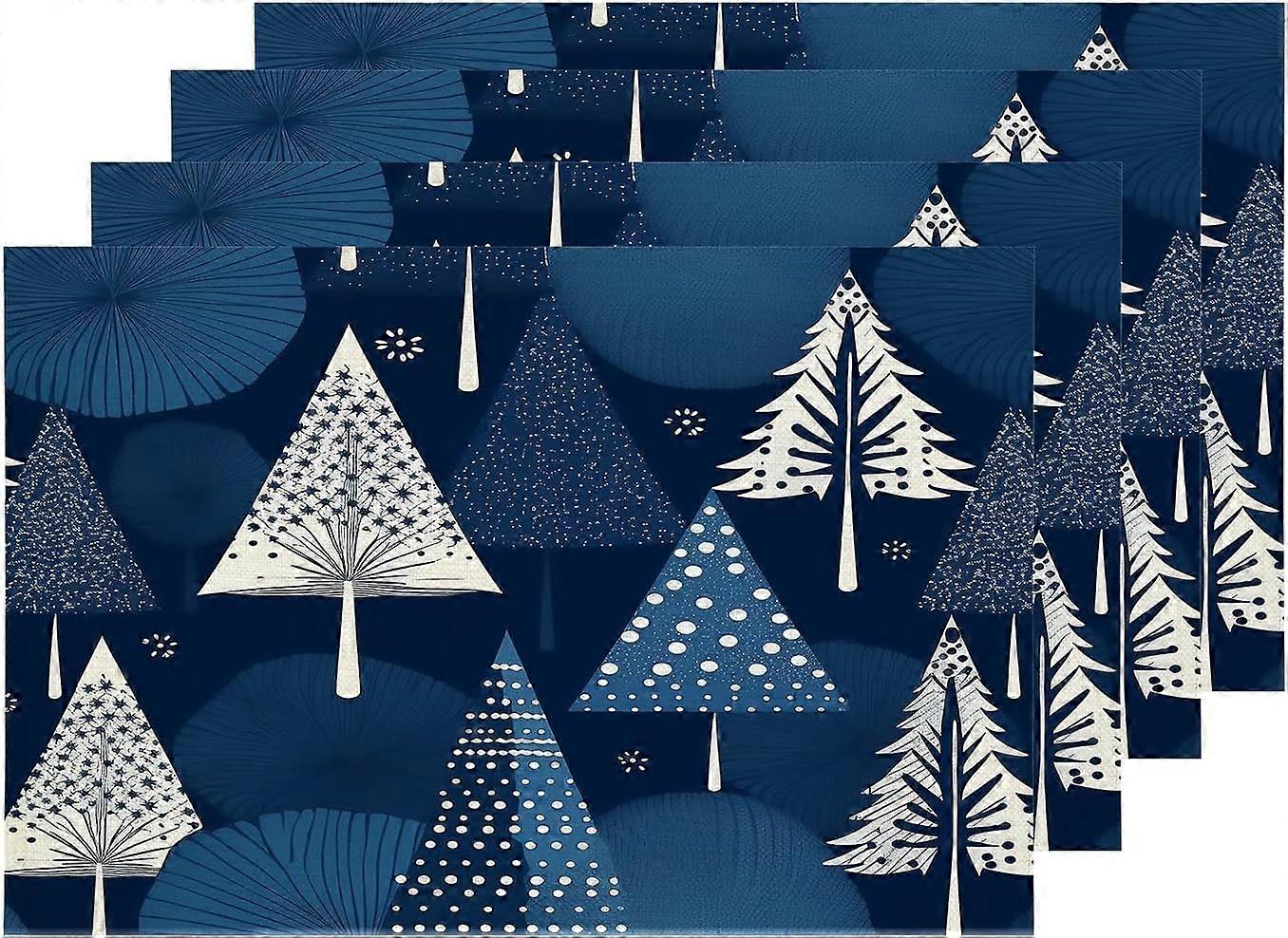Christmas Trees Placemats, Winter White Blue Trees Table Mat Linen Burlap Washable Double-Deck Heat Insulation for Dining Table Kitchen Table Set of 4