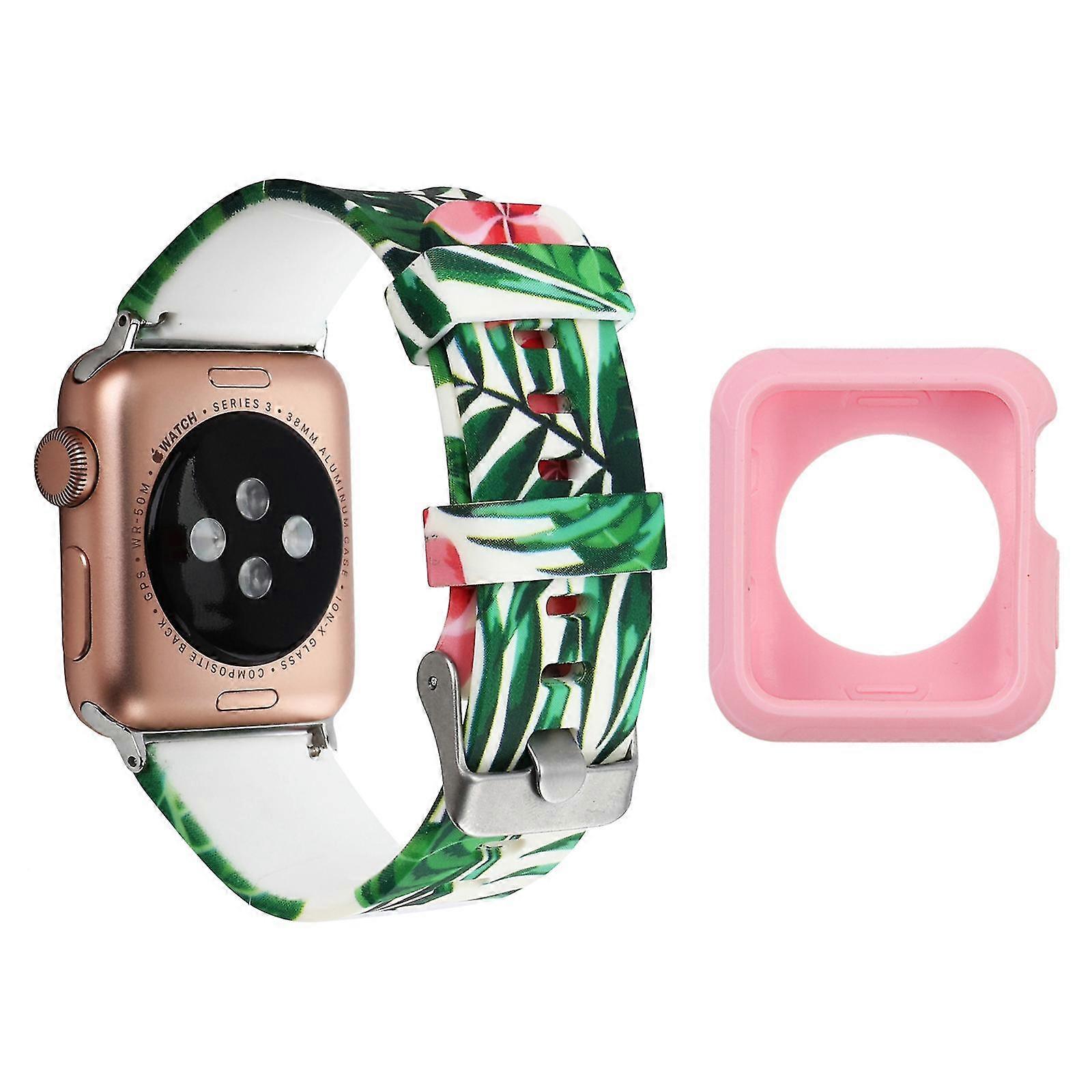 For Apple Watch Series 1 / 2 / 3 42mm Silicone Watch Band Pattern Printing Watch Strap With Pink Tpu Case - Style E