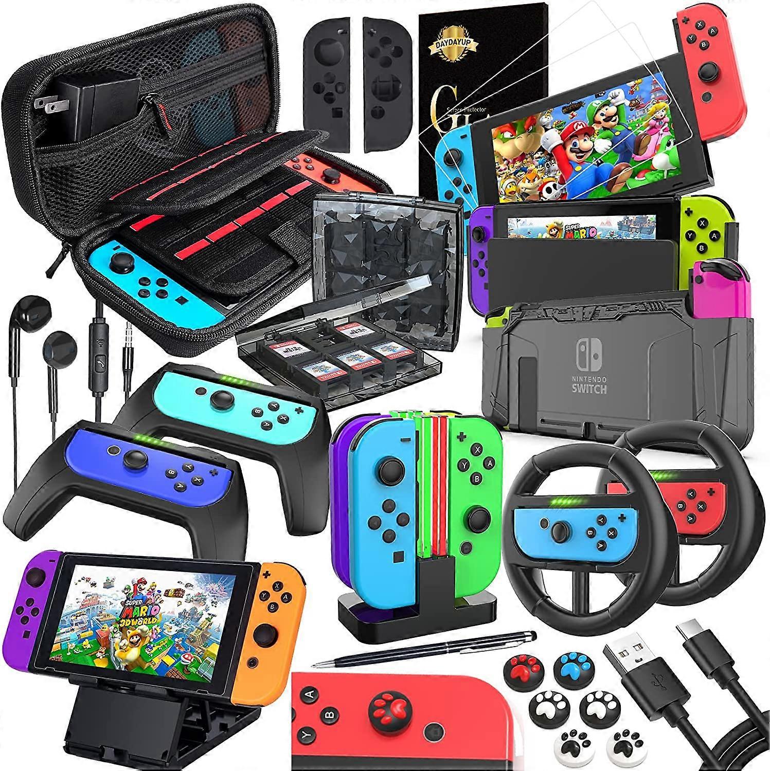 18 in 1 Nintendo Switch Accessory - Protective Case with Screen Protector, Game Stand, Switch Shell, Controller Cap, Grip and Steering Wheel, Charger 