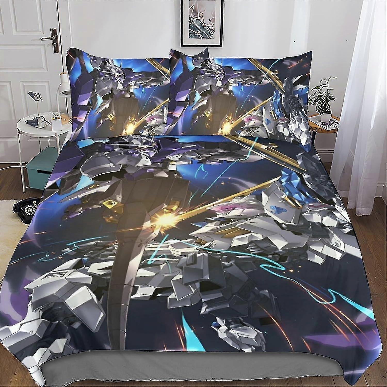 o4635 Prześcieradła Mobilny garnitur Gundam Drukowany zestaw poszewek na kołdrę Zestaw pościeli 3 sztuki Miękka poszewka na kołdrę z mikrofibry Anime z poszewkami na poduszki i zapięciem na zamek błyskawiczny