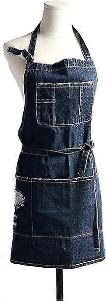 Denim Apron, Unisex Adjustable Bib Apron with Pockets for Cooking Kitchens Short Dark Blue