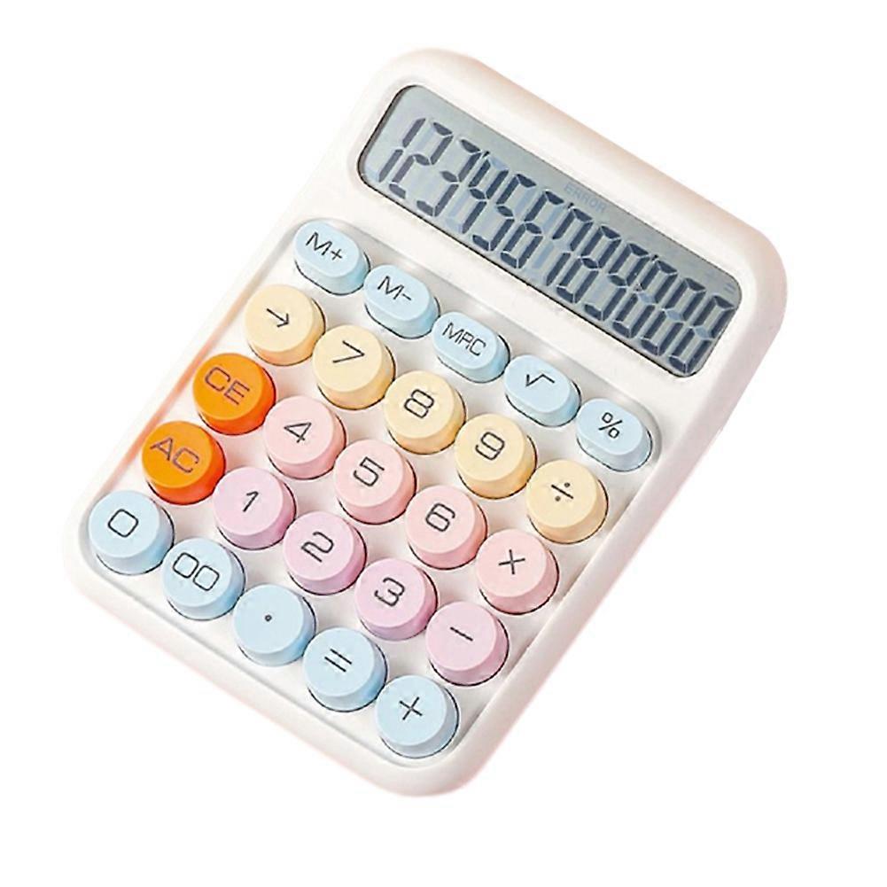Mechanical Calculator Large LCD Display Big Round Button Cute Candy Colored Calculator Suitable for Office School White