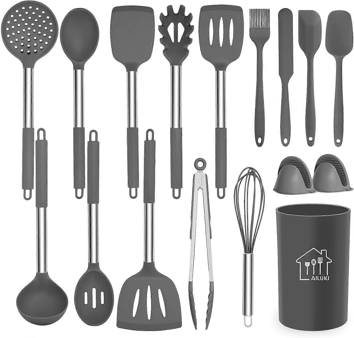 Silicone Cooking Utensil Set,Kitchen Utensils 17 Pcs Cooking Utensils Set,Non-stick Heat Resistant Silicone,Cookware with Stainless Steel Handle - Gre