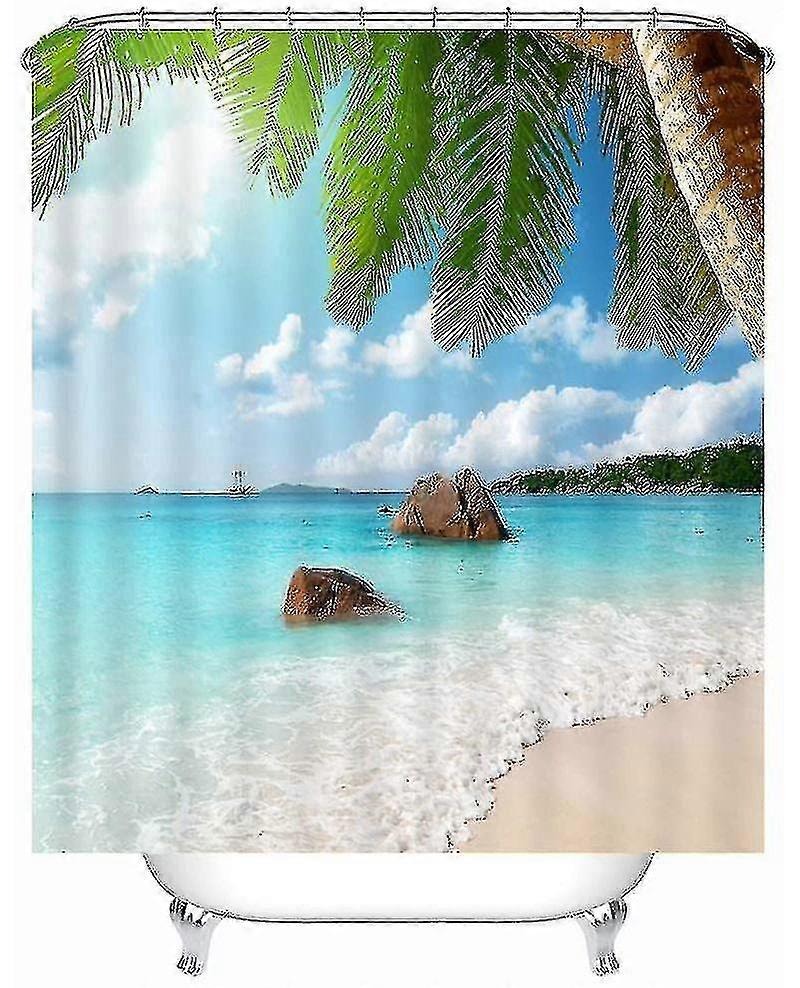 ビーチモチーフシャワーカーテン、防水生地防カビ込み、シャワーカーテンリング洗えるバスタブカーテン-