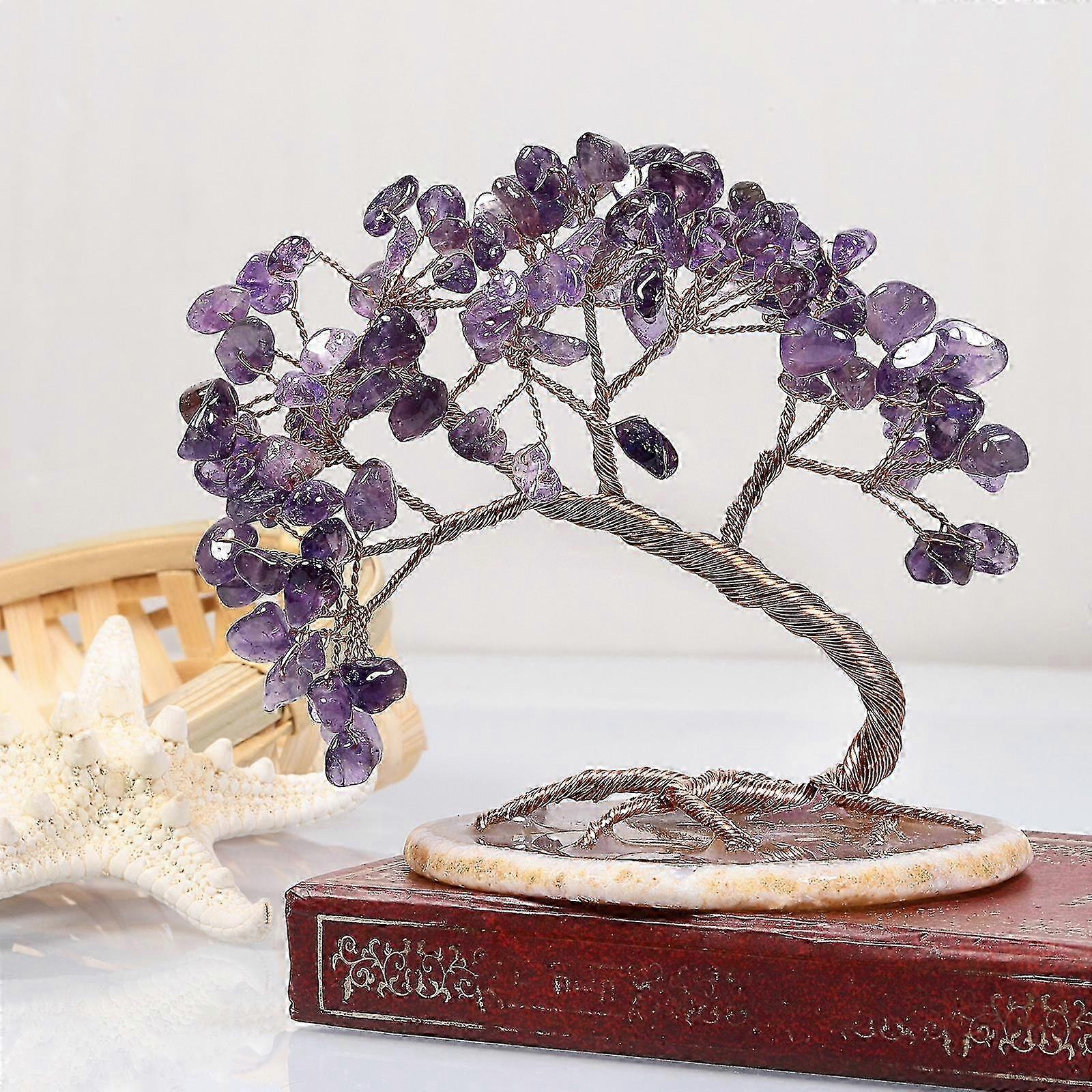 Handmade Colorized Crystal Money Tree For Good Luck Wealth Health, Figurine Bonsai On Natural Agate Slab