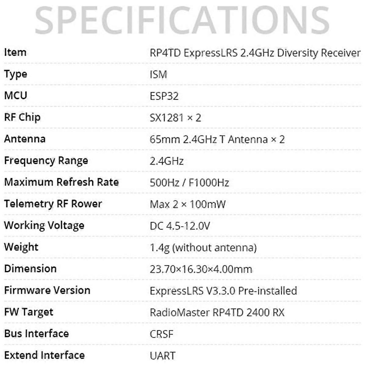 For RP4TD ExpressLRS 2.4ghz Nano Receiver Built in WIFI TCXO(RP4TD FCC)