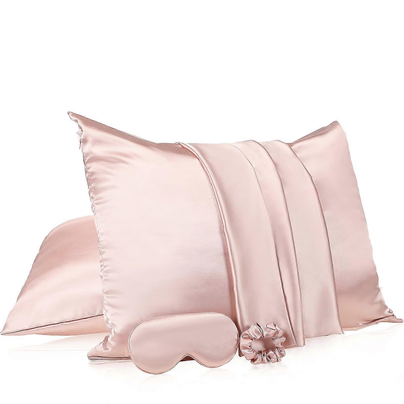 Light Pink Satin Pillowcase Set 2 Pack with Accessories, Soft Silk-like Material, Standard Size, Hypoallergenic