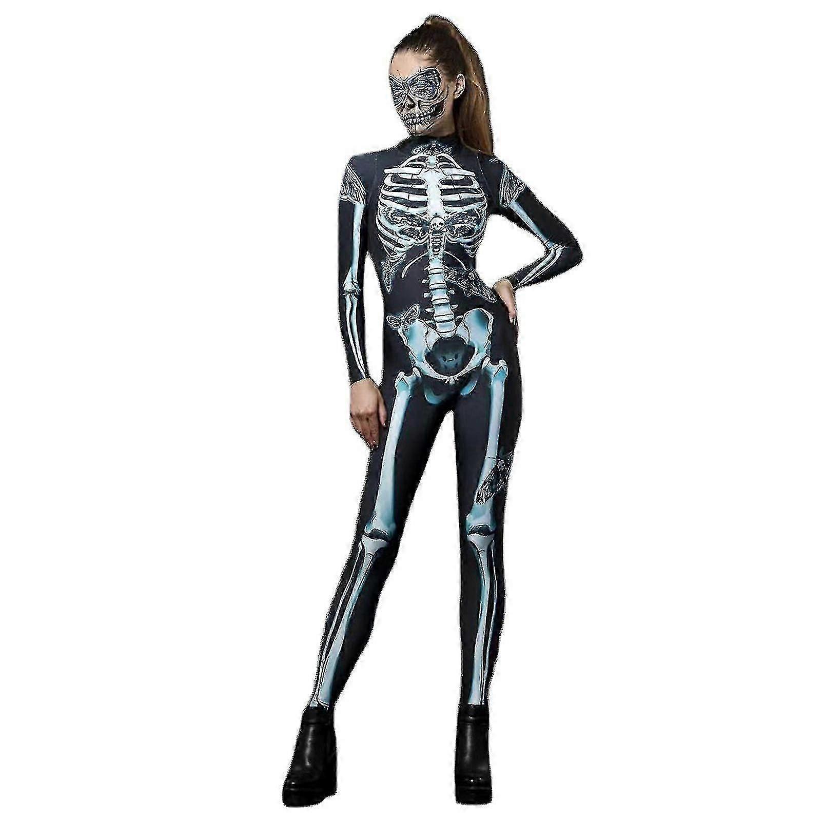 Femmes Halloween Skeleton Bodysuit Bone Print Funny Zip Up Party Jumpsuit Sexy Skull Bodysuit