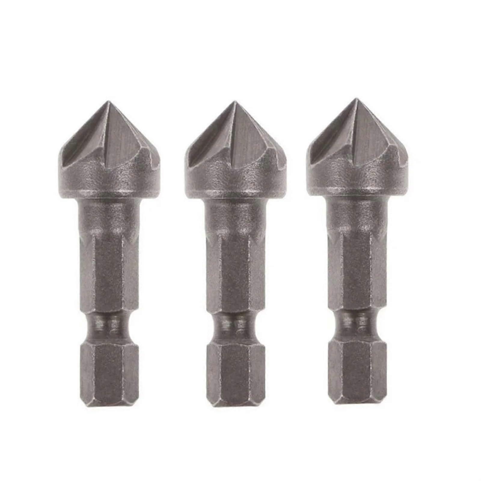 3pcs Countersink Drill Bits Set, 1/4 Inch Hex Shank, 5 Flute Chamfering Bits for Wood and Metal Drilling
