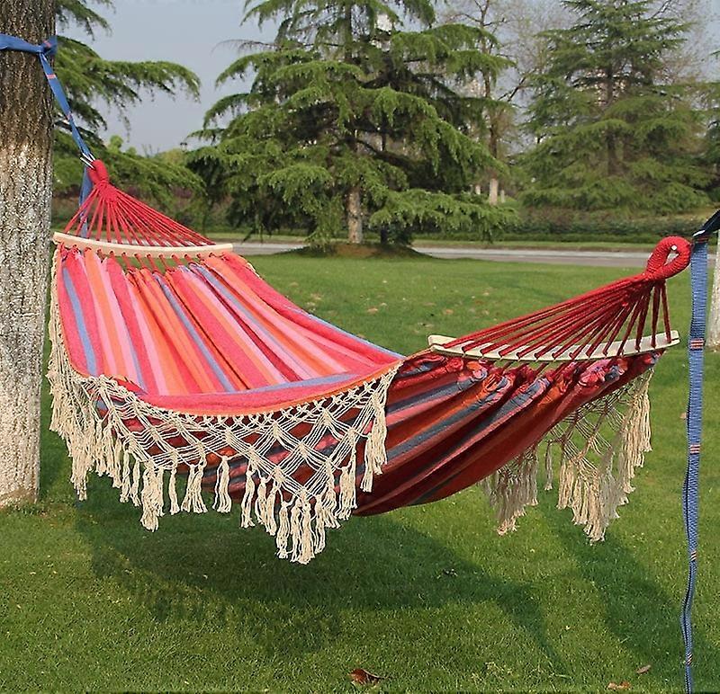 200x150cm Tassel Canvas Camping Hammock Pink Stripes