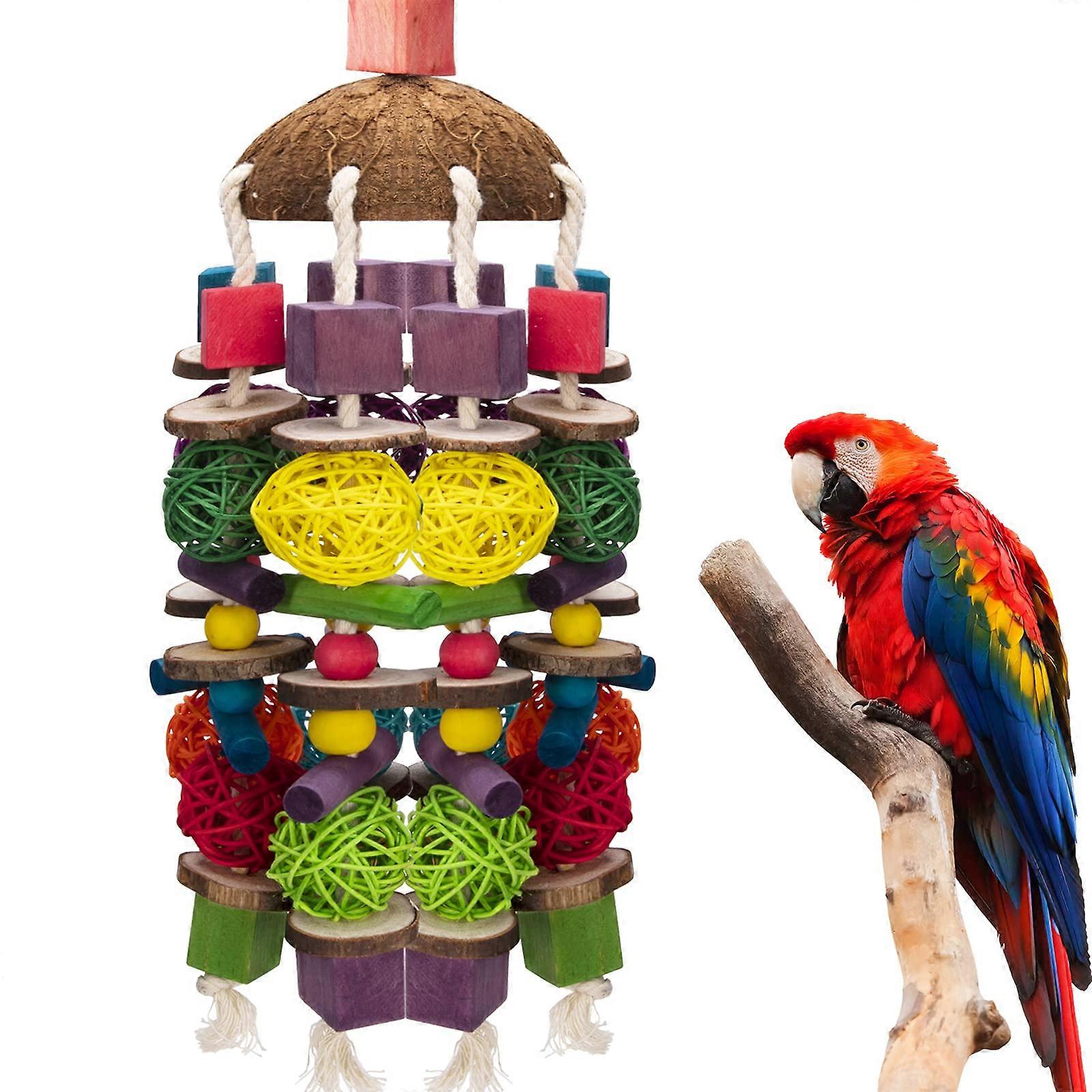 Large Bird Parrot Toys, Multicolored Wooden Blocks Bird Chewing Toy for Macaws Cokatoos