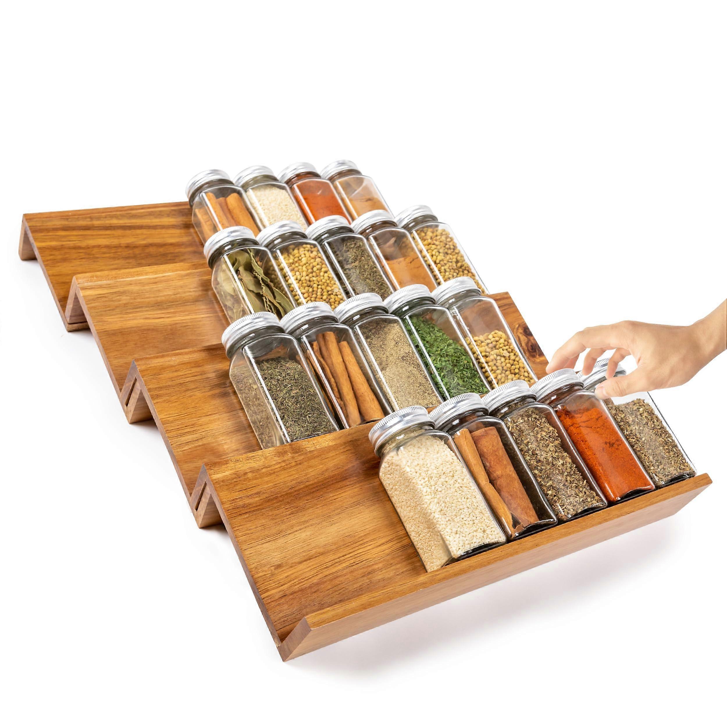 Kitchen Spice Drawer Organizer made with Acacia Wood, Space Saving 4 Tier Spice Drawer Inserts