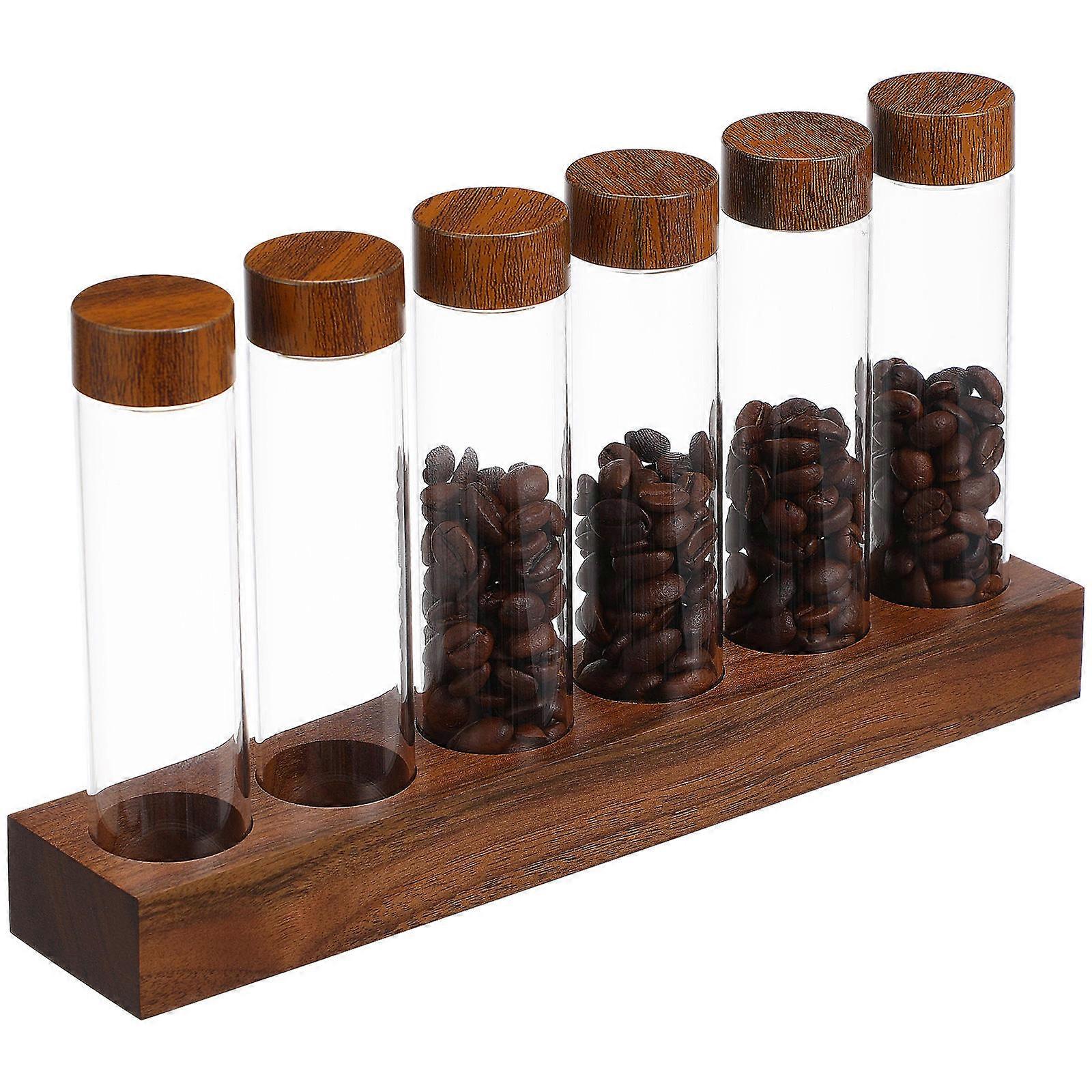 Bean Storage System, Threaded Glass Tubes with Functional Wooden Support for Home Use
