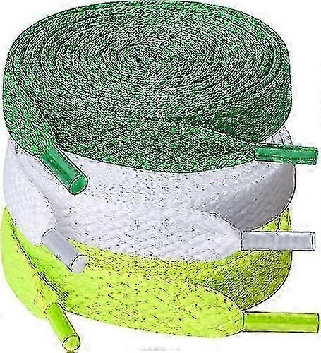 3ペア靴ひも、スニーカー用8mm幅フラットシューレース、ランニング、大人、子供白黄色蛍光グリーン