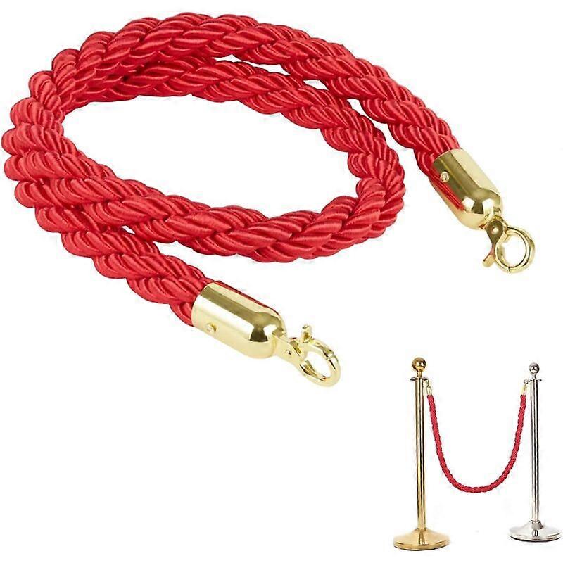 Barrier rope with gold hooks, queue divider, guide rope for management system, 1.5 m red