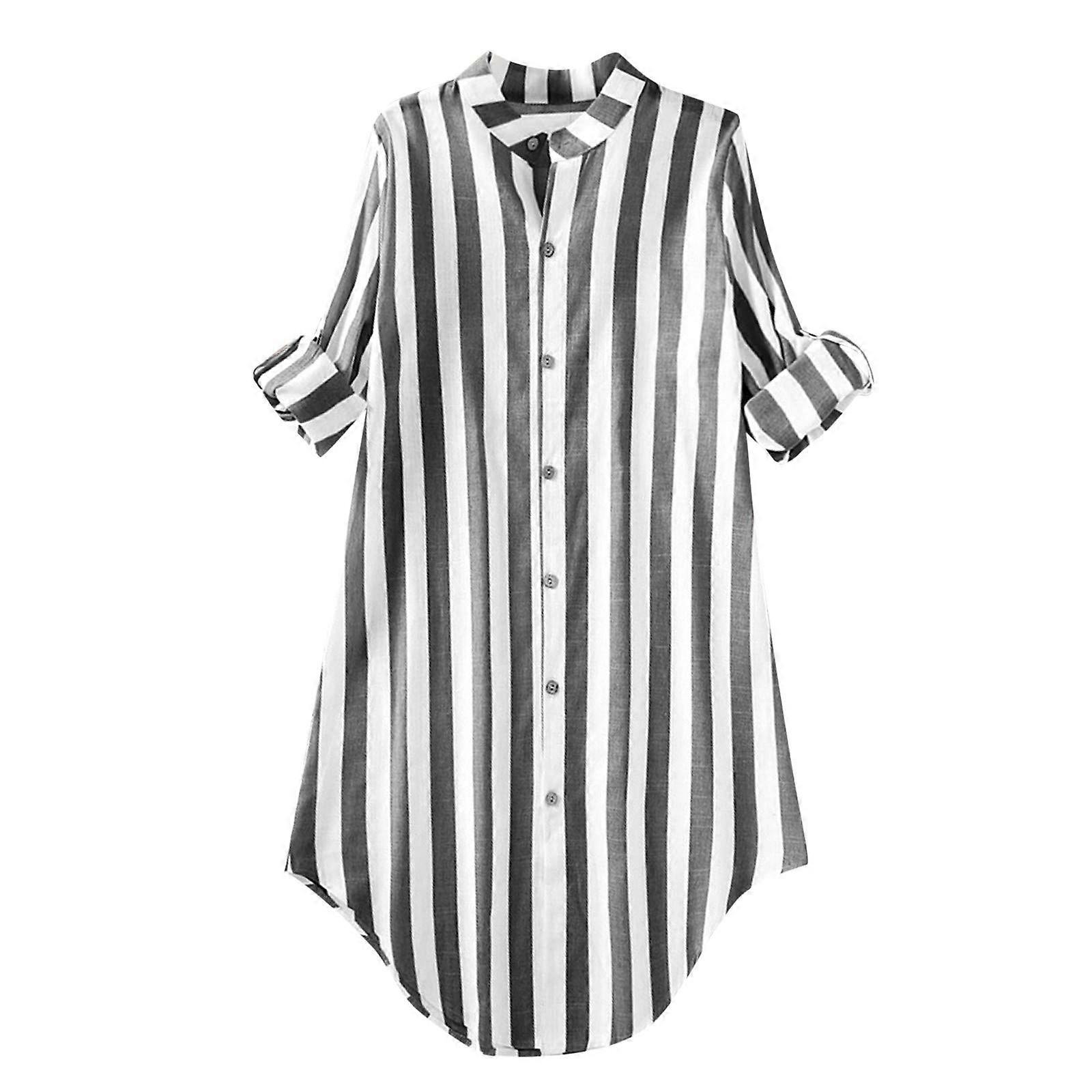 Women's Blouse Striped Button-Front Loose Fit Long Sleeve Pocket Plus Size Black Soft Breathable Fabric Size L