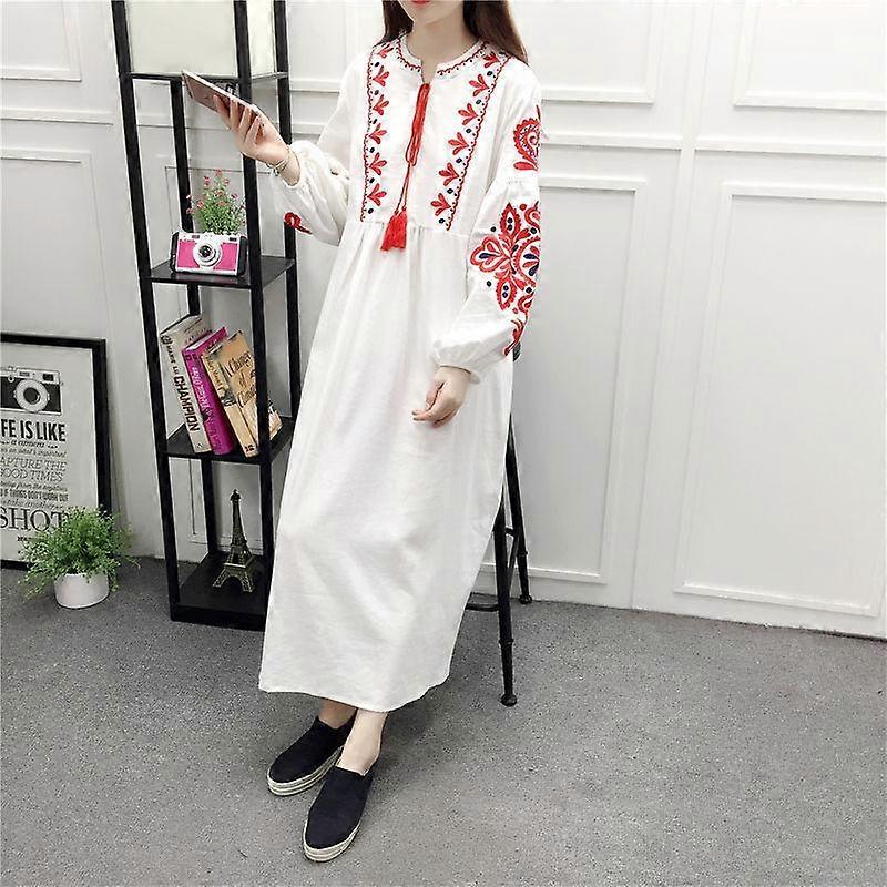 Spring Summer Women's Embroidered Lace-up Cotton Linen Loose A-line Lantern Long-sleeved Dress