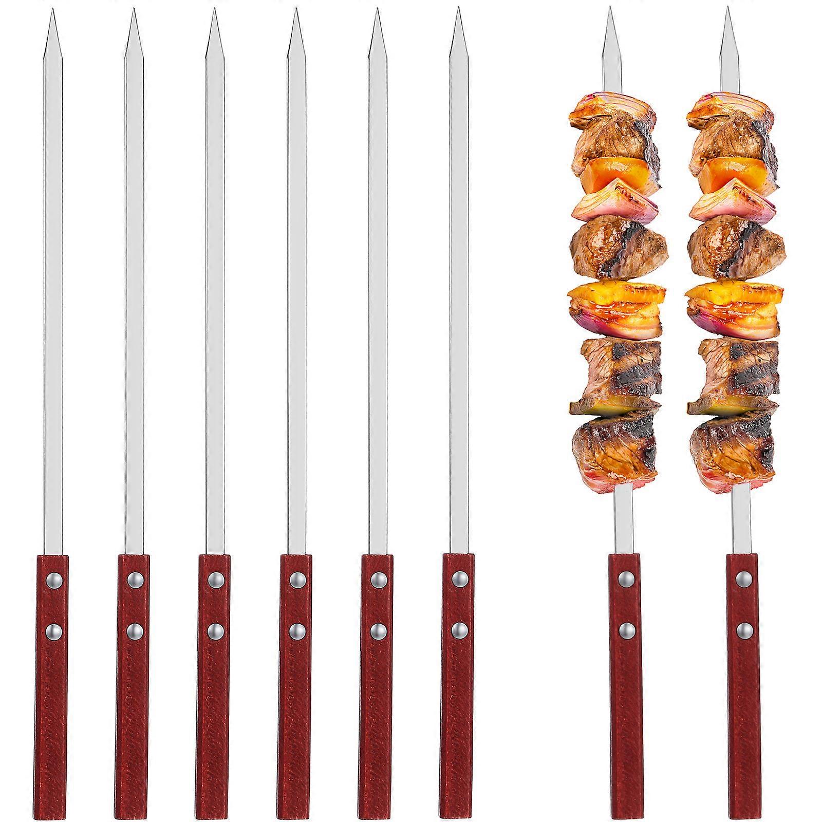 Stainless Steel Barbecue Skewers with Wooden Handle for Grilling Large Size Flat Design 6 Pieces