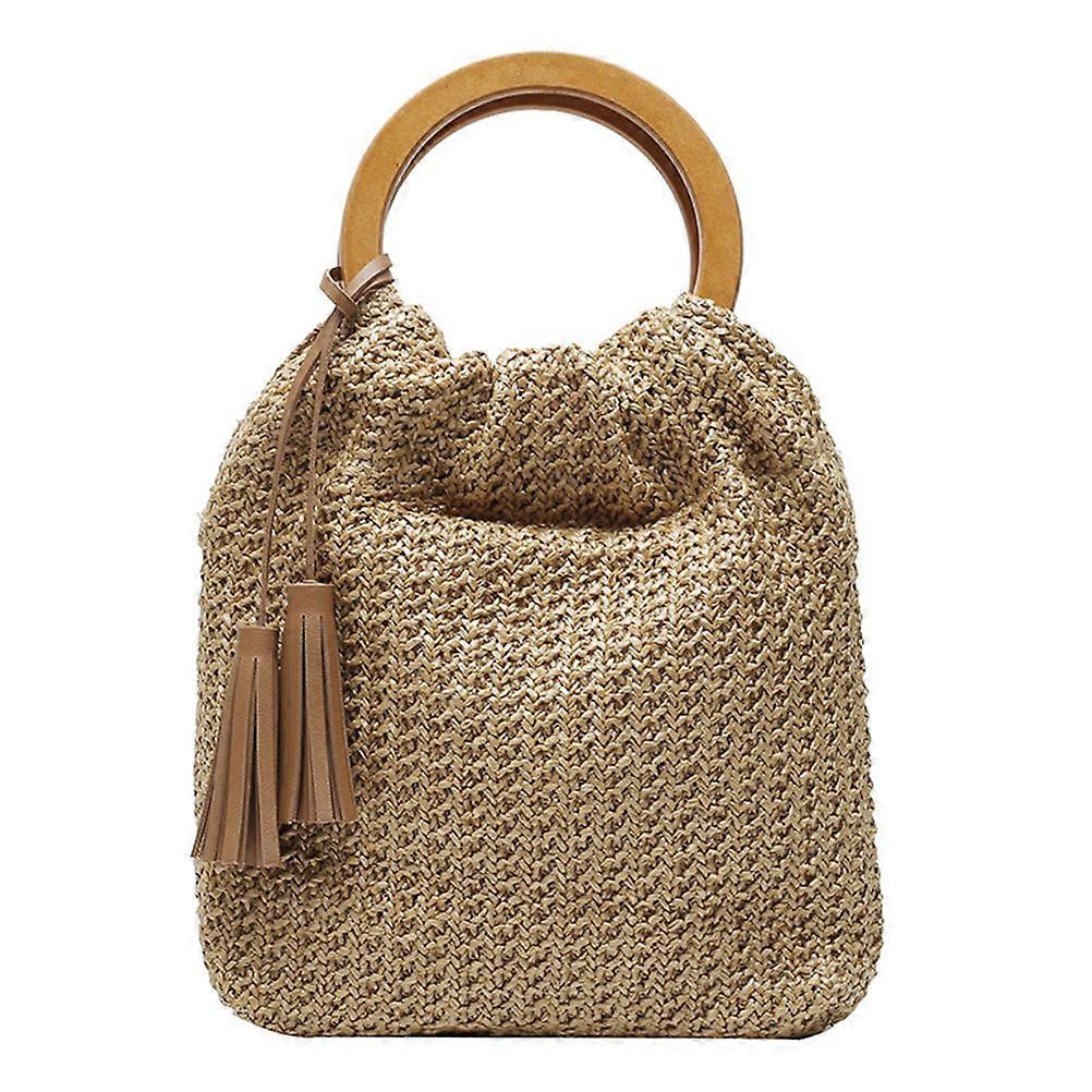 Here's a polished product description based on your input:

 

**1pc Woven Straw Beach Bag with Round Wooden Handle – Versatile Handbag for Women |