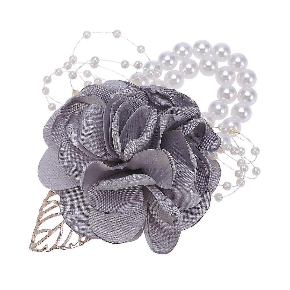 Light Grey Artificial Rose Wrist Corsage Beautiful Lifelike Wrist Wreath Pearl Hand Flower for Bridesmaid Bride Wedding Porm Party Decor