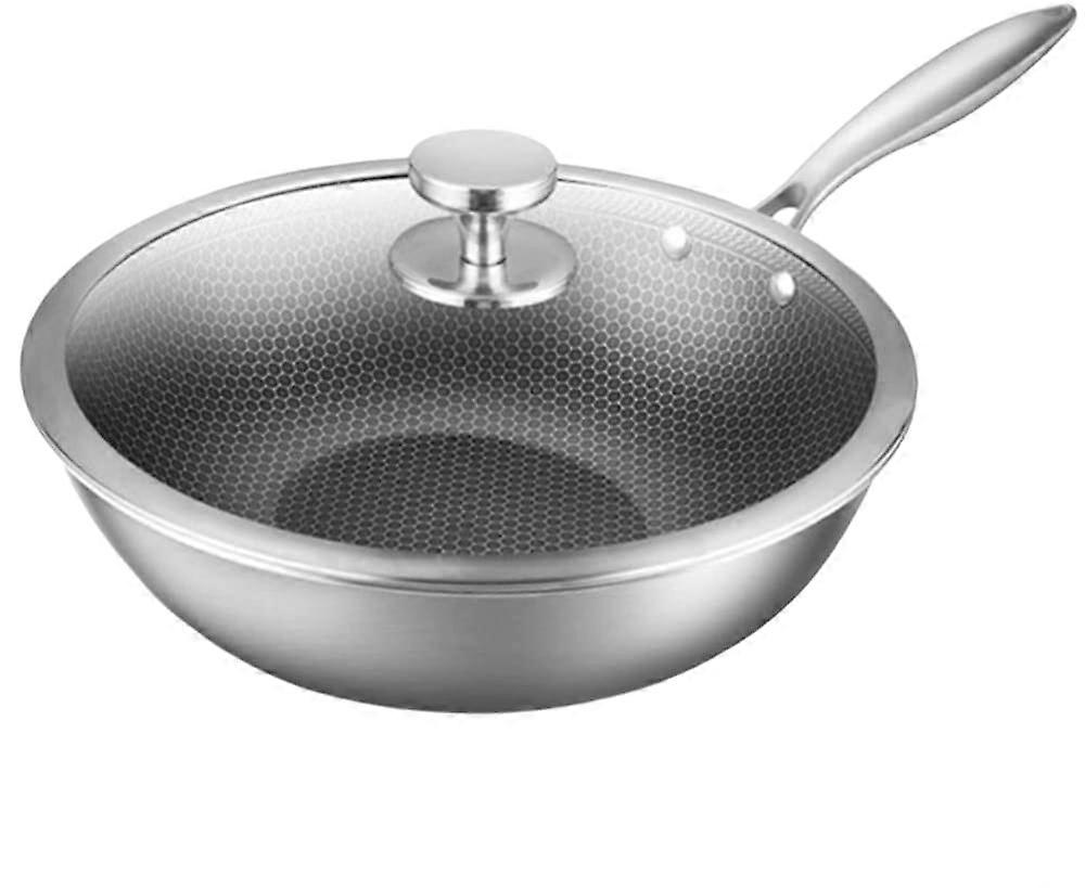 Stainless Steel Wok With Honeycomb Base Induction And Gas Compatible Stir Fry Pan With Lid Pot Diameter 34 Cm